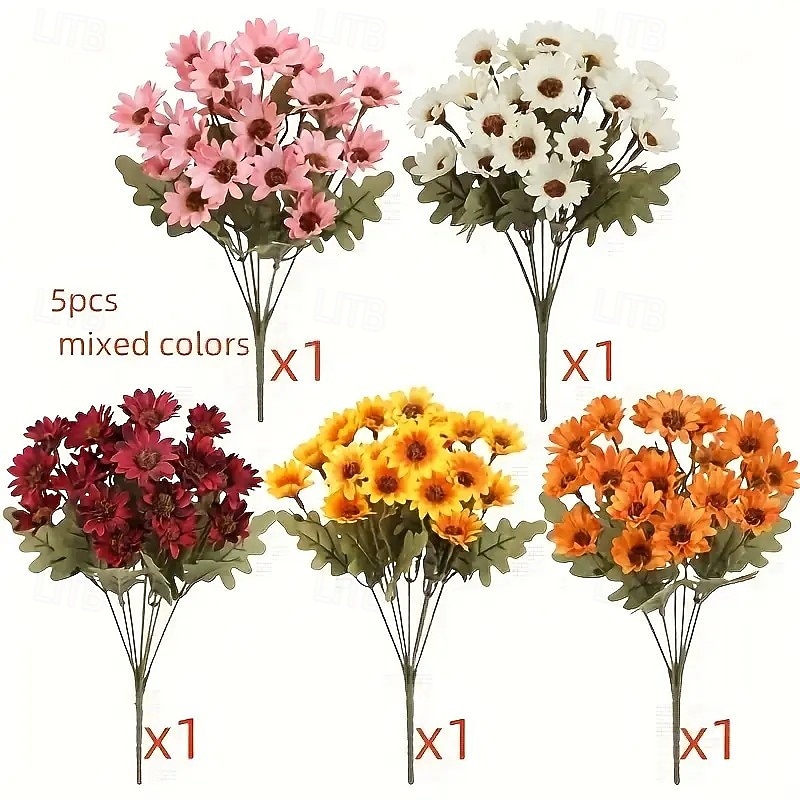 5 maços de flores artificiais de outono, crisântemos do pôr do sol, flores artificiais de outono para áreas externas com margaridas e eucalipto, plantas de floração plena, resistentes a raios UV, à de 2025 por $20.99 –P12