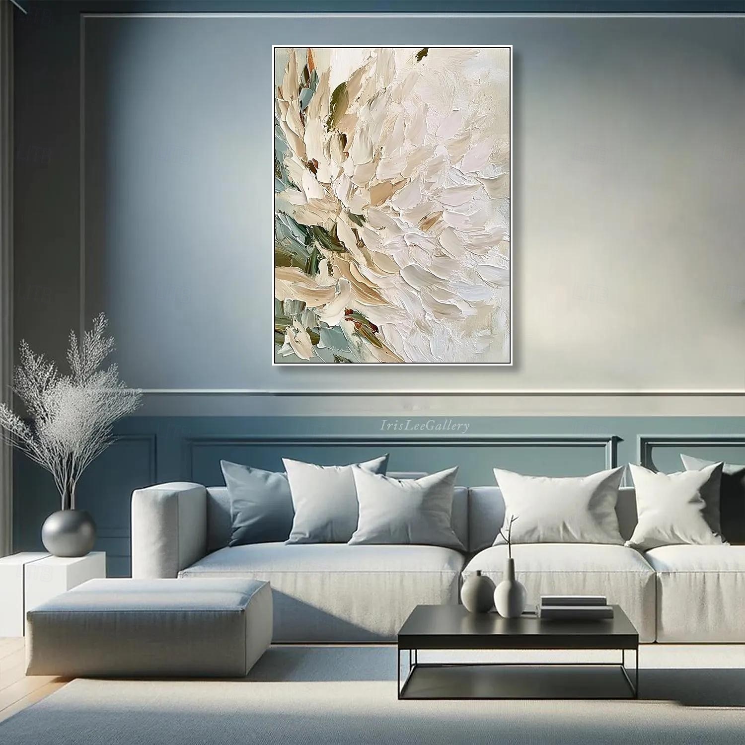 florales abstraktes Ölgemälde auf Leinwand beige weiß strukturierte Wandkunst minimalistisch weiche Palette Messer Wandkunst große moderne neutrale Wohndeko 2025 - $38.99 –P5
