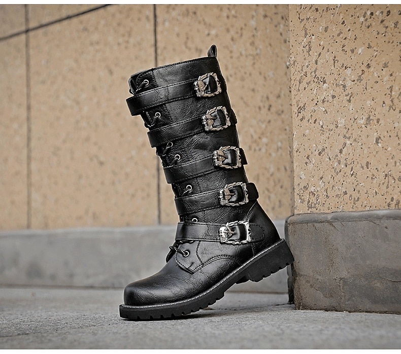 Botas masculinas de cano alto com tiras de fivelas múltiplas e design de cadarço - calçado de combate estilo punk gótico para uso casual urbano e moda de rua de 2025 por $59.99 –P6