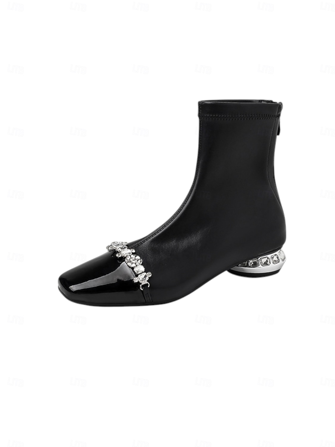 2026年 クリスタル装飾のローヒールとラインストーンストラップが付いたレディースブラックアンクルブーツ、エレガントで都会的な高級パーティーシューズ  コレクション – $109.99 –P4