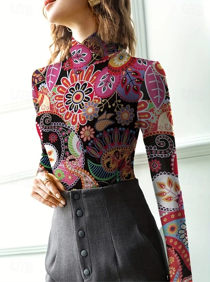 Femmes Tunique Fleuri Élégant Bohème ancien manche longue Col roulé Col haut Hauts Réguliers Sortir Noir Fuchsia Vert Automne Hiver de 2025 ? $24.99 –P4