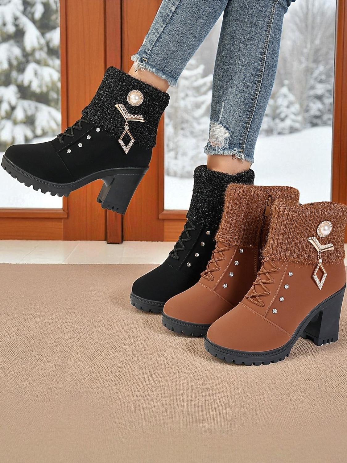 Botas femininas de cano curto em malha preta com cadarço e strass e salto grosso - botas elegantes de inverno com salto para roupas de Natal e moda para o frio de 2025 por $29.99 –P1