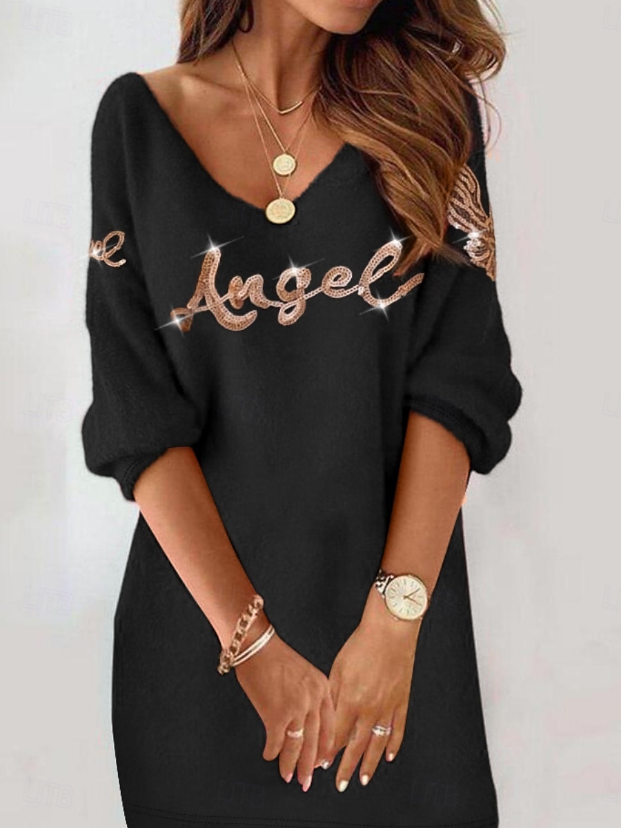Damen Minikleid Freizeitkleid Winterkleid Shiftkleid Mode Modern Täglich Strand Wochenende Normale Passform Buchstabe Langarm V Ausschnitt Schwarz Sommer Frühling Herbst 2025 - $25.99 –P3