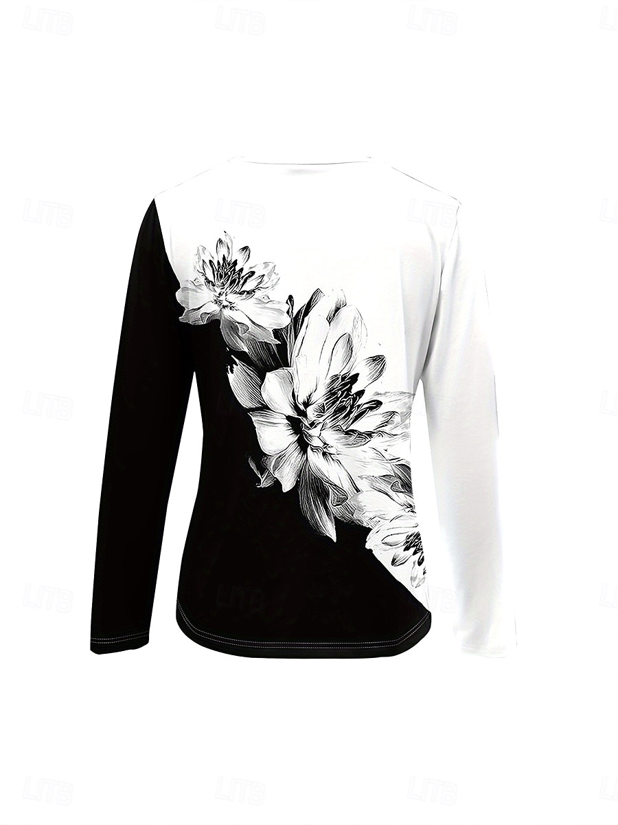 Femmes T-shirt Fleuri Graphique Plantes Élégant ancien Classique manche longue Col rond Encolure en V Hauts Réguliers Quotidien Week-end Fermeture éclair Imprimé Noir et blanc Printemps Automne Hiver de 2025 ? $23.99 –P3