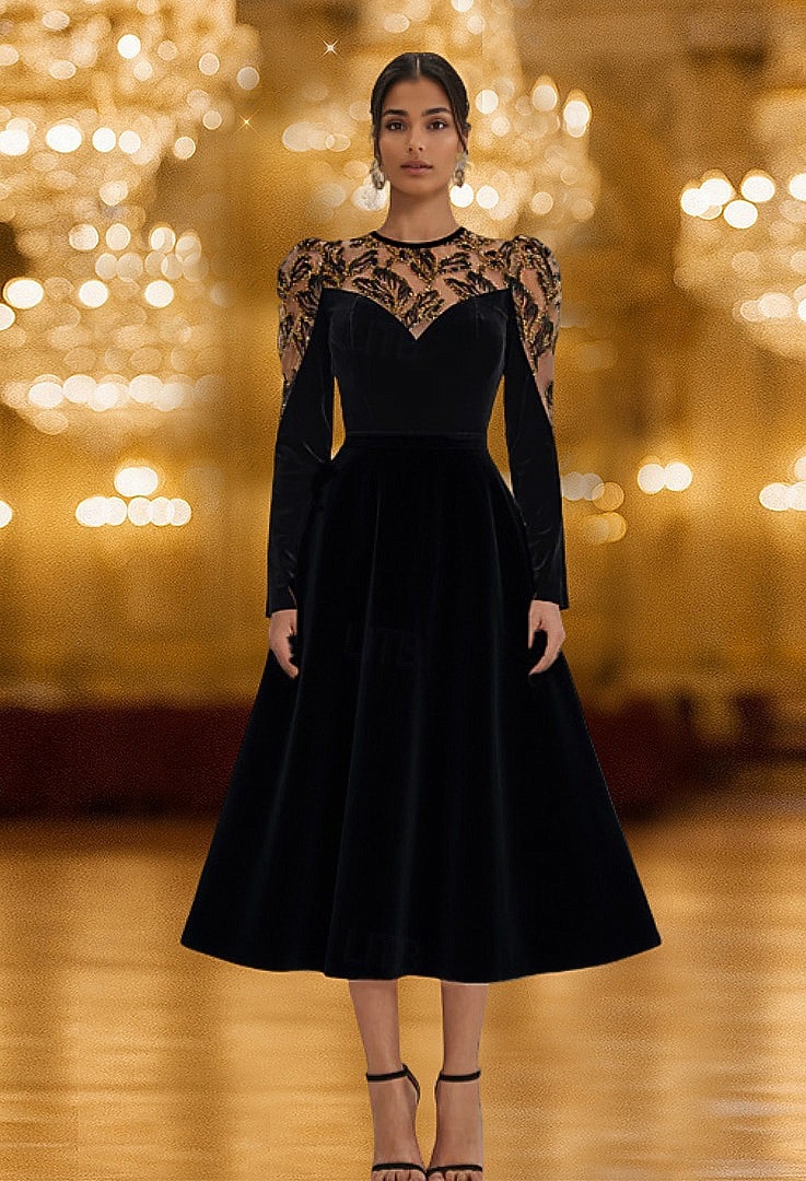Abiti da cocktail in velluto elasticizzato nero con applicazioni in pizzo ricamato a trapezio, eleganti, formali, da sposa, lunghezza tè, maniche lunghe, girocollo, 2025 del 2025 a $145.99 –P1