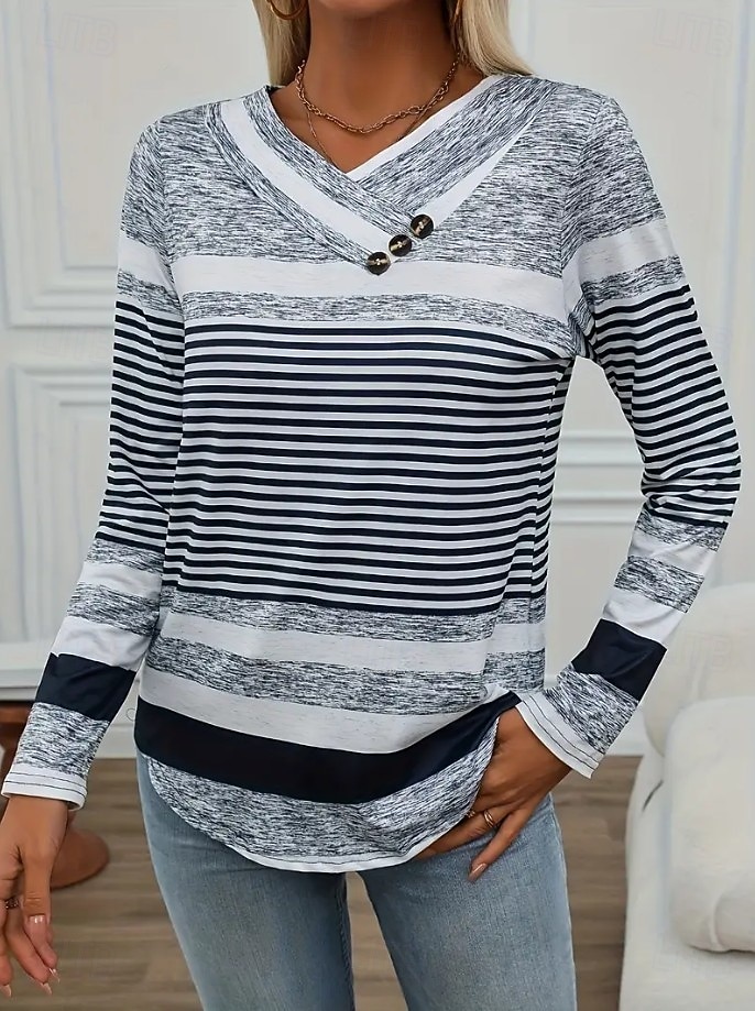 Per donna Maglietta Grafico Geometrico Vintage Elegante Classico Manica Lunga Girocollo Scollo a V Top Regolari Quotidiano Bottoni Stampato Asimmetrico Grigio Primavera Autunno del 2025 a $24.99 –P4