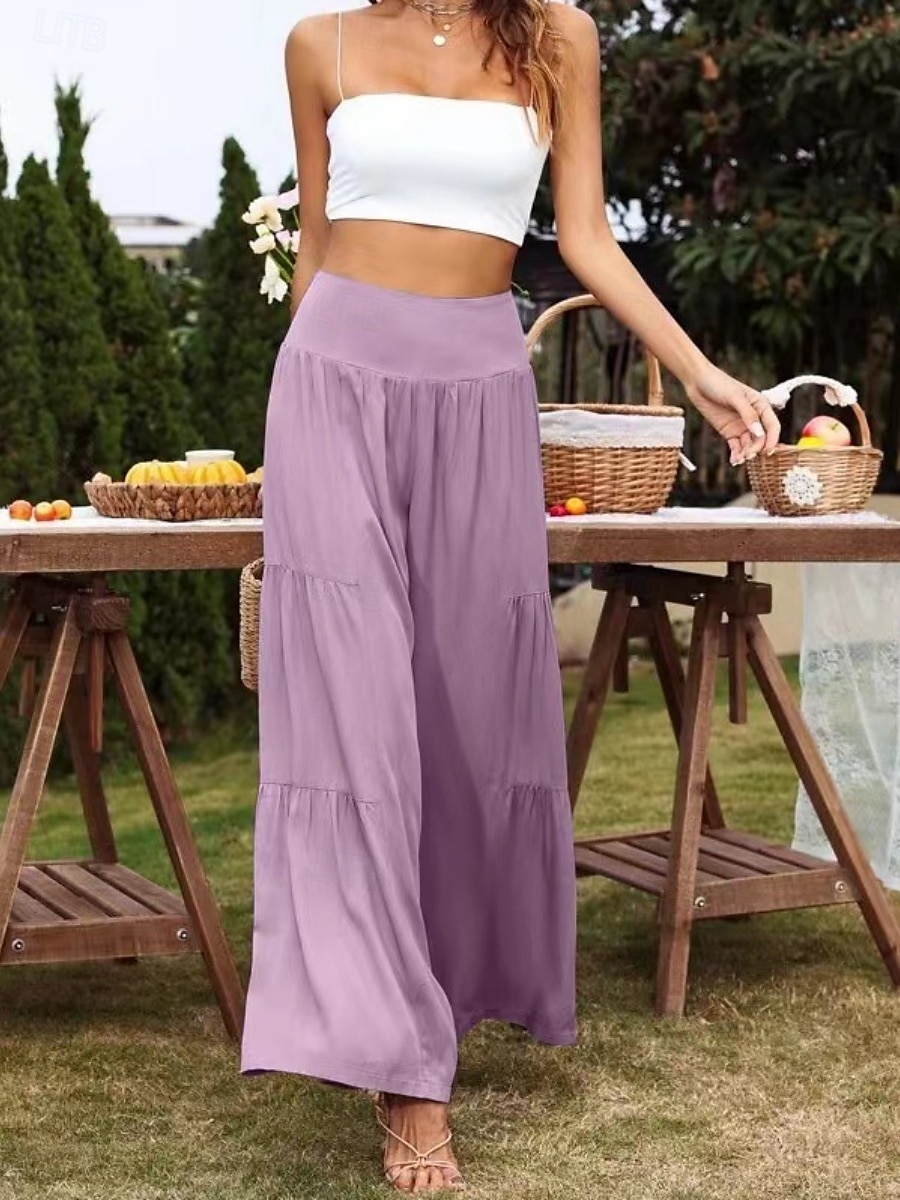 Mulheres Calças de linho de algodão Perna larga chinês Básico Casual Comprimento total Cintura Alta Tecido Cintura elástica Confortável Macio Com Stretch Ao ar livre Rua Preto Branco Azul Roxo Claro de 2025 por $22.99 –P14