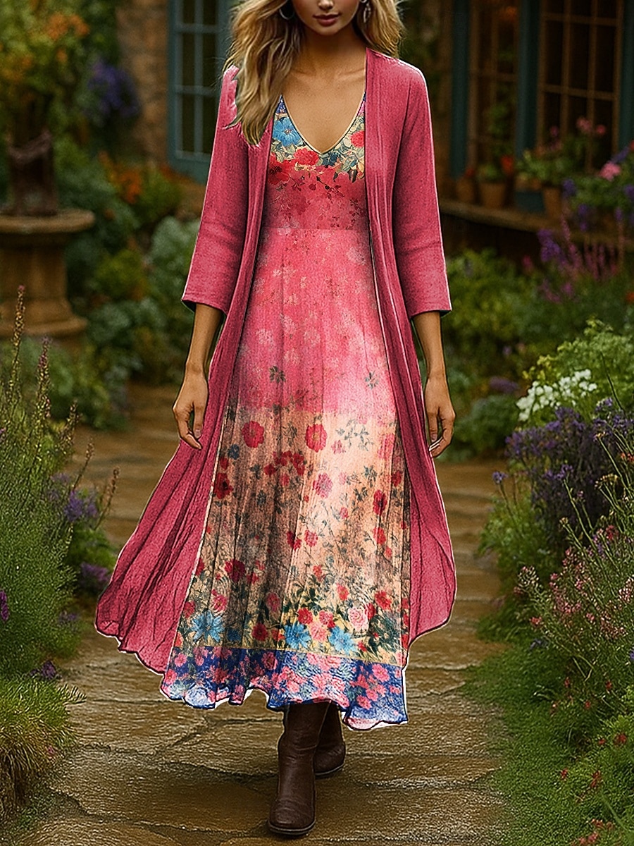 Femmes Robe Ensemble Robe Maxi Robe trapèze Vacances Boho Fleuri Graphique Superposé Imprimé Robe maxi Manche 3/4 Col en V Extérieur Quotidien Rouge Bleu Violet Claire Été Printemps Coupe régulière de 2025 ? $51.99 –P5