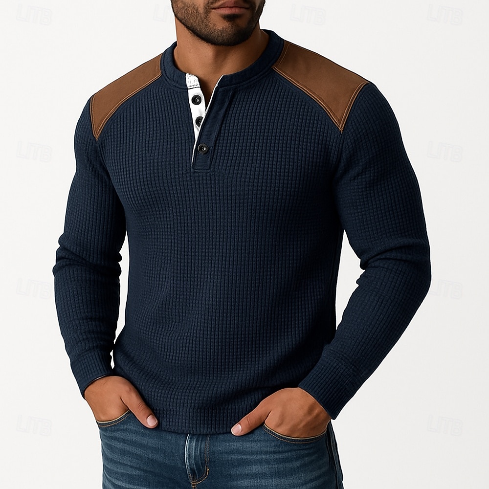 Herren Waffel-Henley-Hemd T-Shirt Langarm Henley Herbst Frühling & Herbst Farbblock Mode Designer Basic Patchwork Urlaub Straße Lässig Schwarz Weiß Burgunderrot Top T-Shirt für Herren 2025 - $20.99 –P1