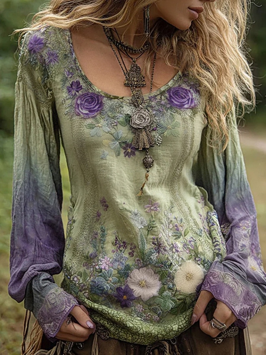 Women's Blouse Graphic Vintage Daily Casual Long Sleeve V Neck Regular Tops Tribal Vintage Designer Basic Print Vacation Street Going out Daily Holiday Print Green Summer Spring Fall 2025 - $9.99 –P1