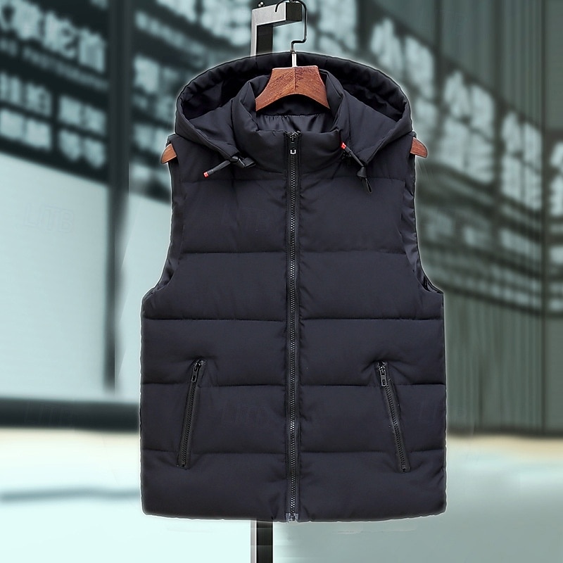 Herr Pufferväst Väst Gilet Semester Dagligen Datum Mode Ledigt Höst vinter Ficka Polyester Håller värmen Bekväm Ensfärgat Dragkedja Huva Normal Svart Grå Väst 2025 - $29.99 –P3
