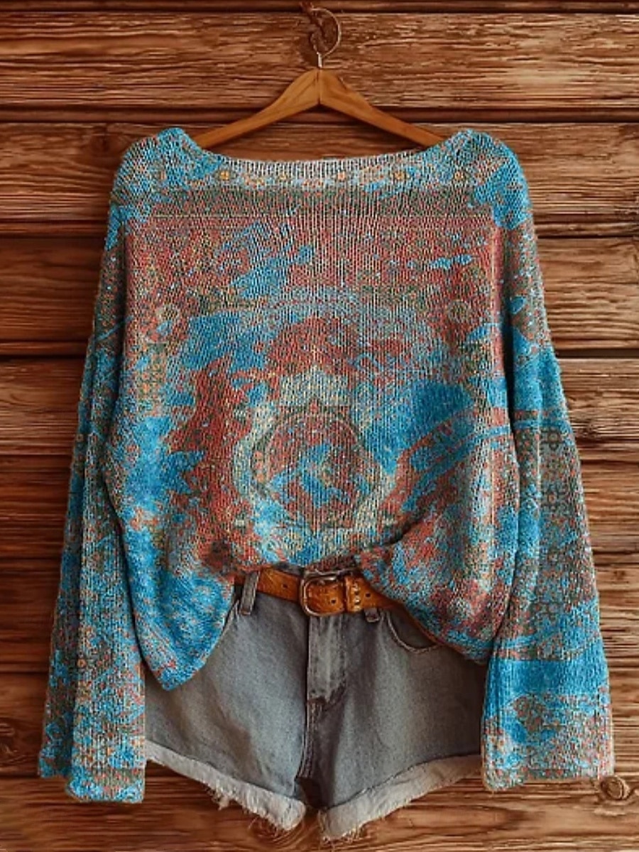 Pull femme décontracté doux géométrique vintage manches longues col rond régulier hauts quotidien vacances imprimé jaune bleu violet vert printemps automne hiver de 2025 ? $22.99 –P4