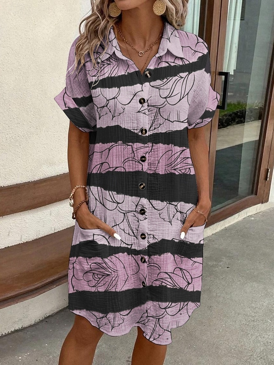 Femmes Mini Robe Robe Chemise Robe Décontractée Robe Imprimée Mode Moderne Quotidien Plage Week-end Coupe régulière Fleuri Rayé Manche Courte Col de chemise Rose Claire Été Printemps Automne de 2025 ? $35.99 –P3