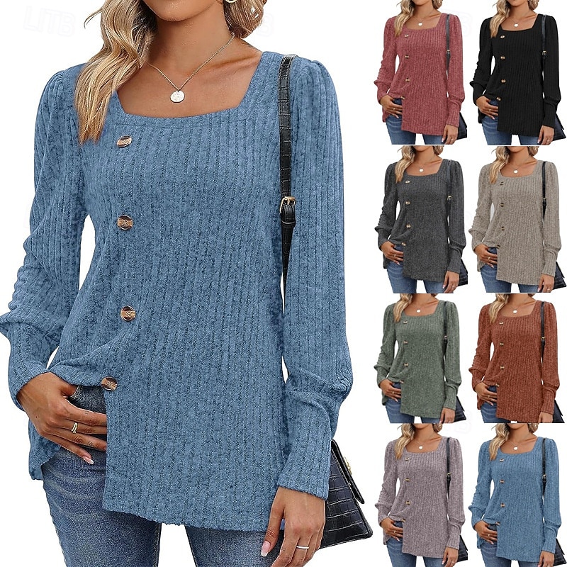 Femmes Chemisier texturé T-shirt Uni Mode Moderne manche longue Col carré Hauts Réguliers Quotidien Sortir Boutons Bordeaux Noir Rouge Marron clair Bleu Printemps Automne de 2025 ? $21.99 –P1
