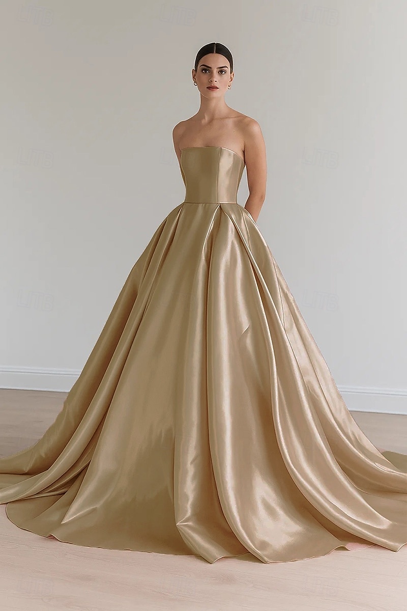 Vestido de baile de cetim elástico, vestido de noite elegante, vestido formal de casamento, cauda longa, sem mangas, sem alças, com pregas e cadarço 2025 de 2025 por $167.99 –P1