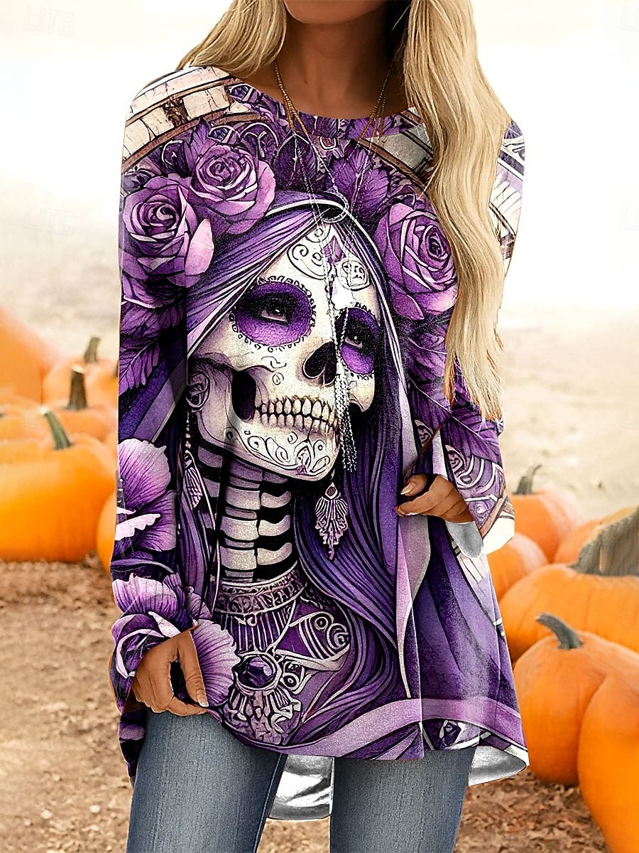 Halloween Dame T skjorte Grafisk Hodeskaller Årgang Stilfull Fritid Langermet Crew-hals Lange topper Daglig Trykt mønster Rød Lilla Oransje Kakifarget Vår Høst 2025 - $24.99 –P1