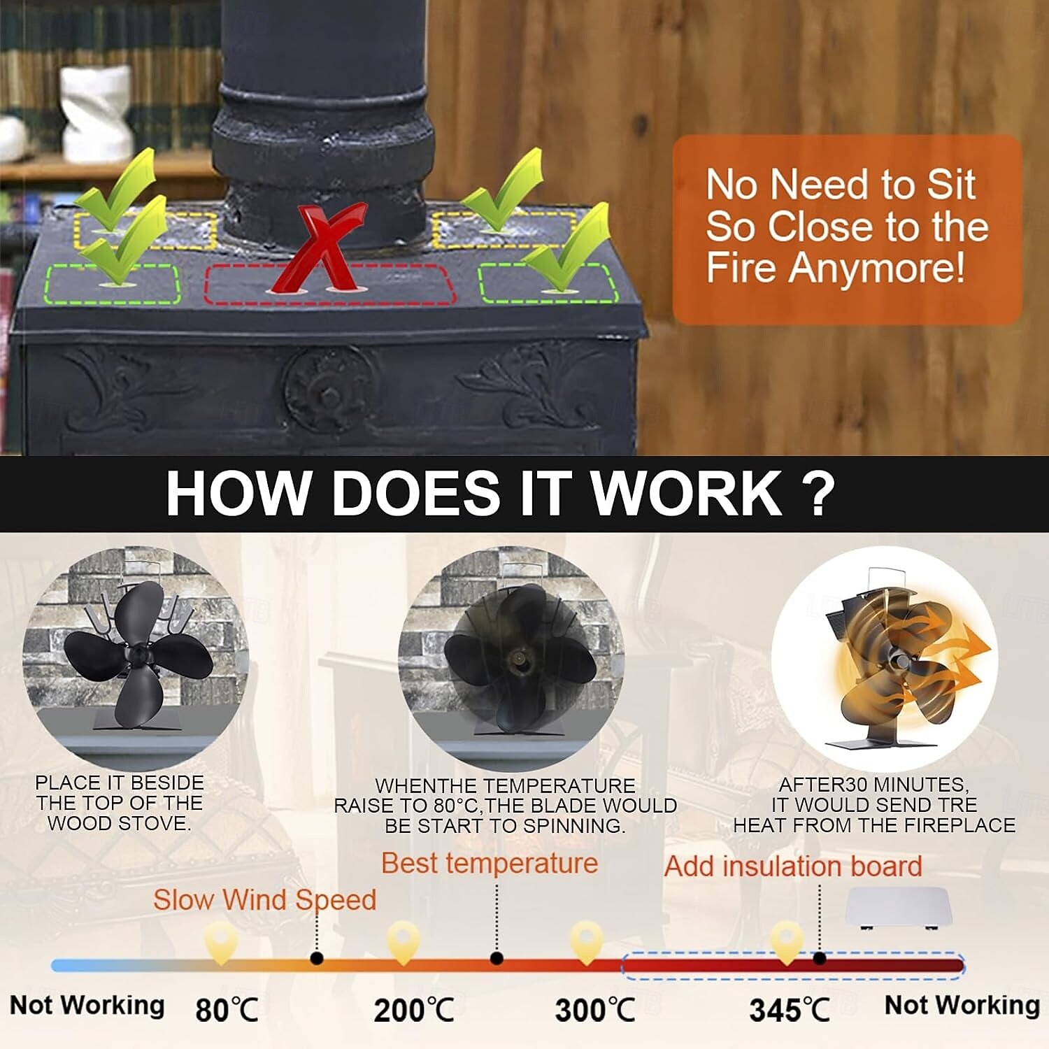 4-lapainen puuliesituuletin, lämpökäyttöinen takkatuuletin tehokkaaseen lämpimän ilman kiertoon, hiljainen toiminta, liesitarvikkeet puu-/puuliesiin, kestävä muotoilu 2026 - $82.99 –P2