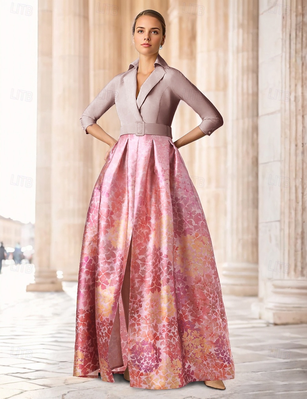 גזרת A עד הריצפה שמלת אורח לחתונה שמלה רשמית שמלת פלייר שמלה לאם הכלה  חצי שרוול צווארון חולצה אלגנטית בלוק צבע פיצול גבוה חתונה רשמי סאטן עם הדפס פרחוני שסע 2026 - $186.99 –P1