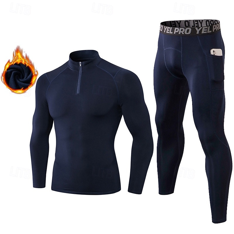 2025年 男性用 ワークアウトスーツ ベースレイヤー上部と下部 2ピーススポーツセット フリース裏地付き ソリッド スーツウェア 秋冬 ブラック ホワイト スパンデックス ジム バスケットボール アスレチック ハイウエスト 速乾性 ウォーム 高通気性 長袖 スポーツ アクティブウェア マイクロエラスティック タイトフィット  コレクション – $41.99 –P7