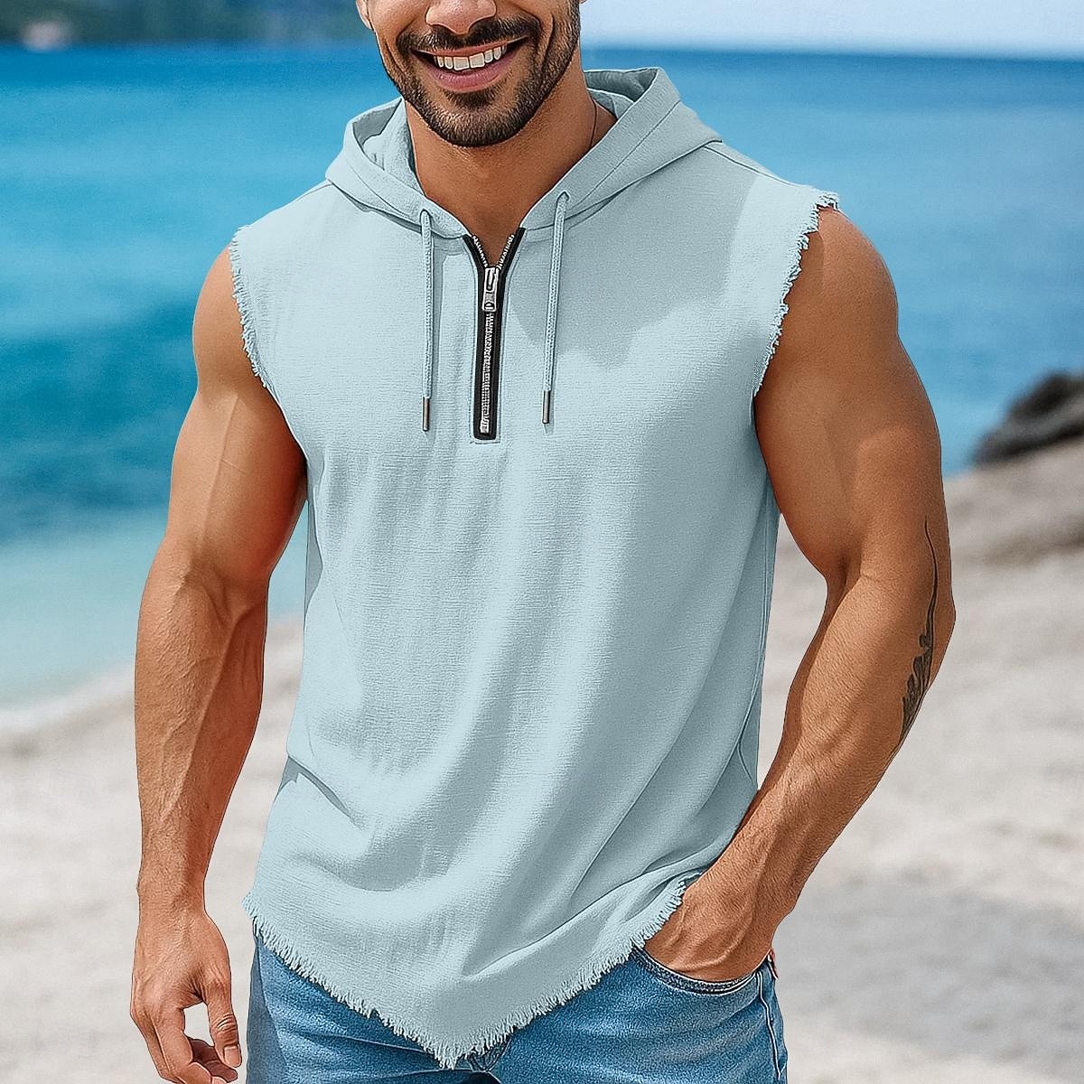 Bărbați Cămașă de in Bluză Vestă Sub Cămașă Fără manșon Capișon Vară Simplu Modă Clasic Modern Quarter Zip Casual Sală de Fitness Stradă Kaki Top tricou pentru bărbați 2026 - $20.99 –P2