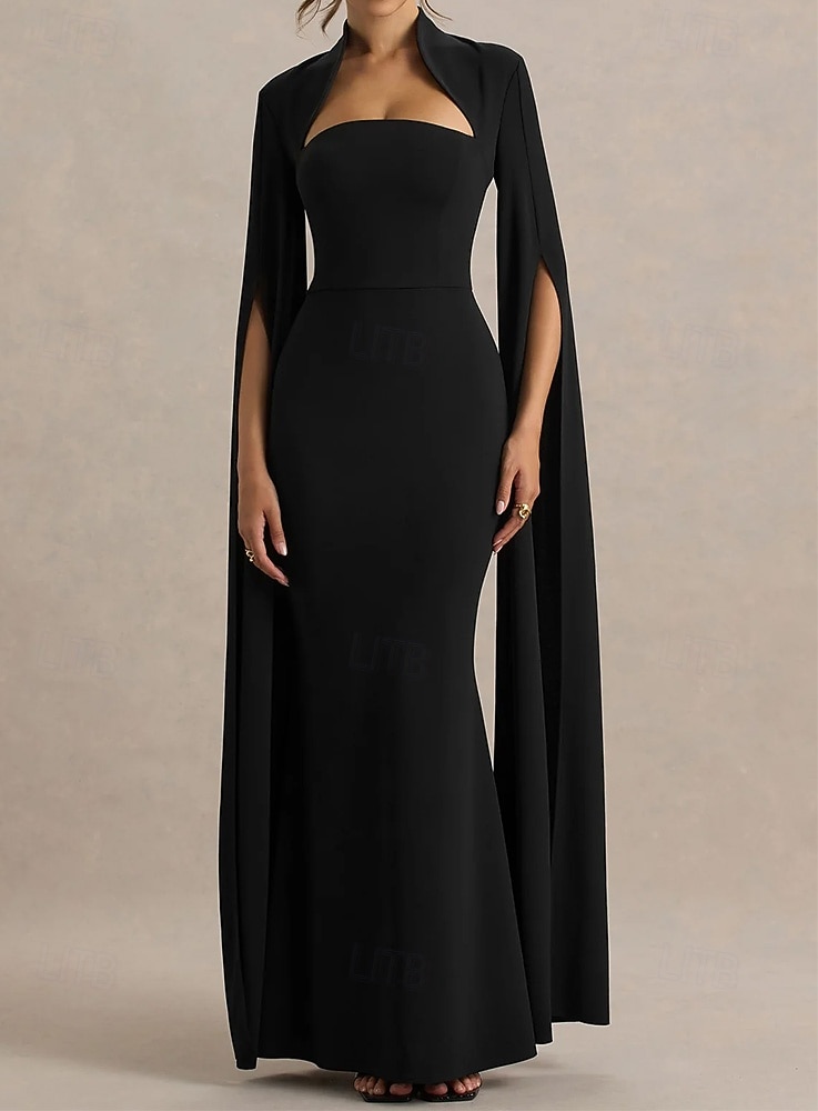 abito da sera a sirena/tromba con mantello rosso, elegante, formale, da sposa, lungo fino al pavimento, manica lunga, collo alto, in crêpe elasticizzato con spacco 2025 del 2025 a $132.99 –P4