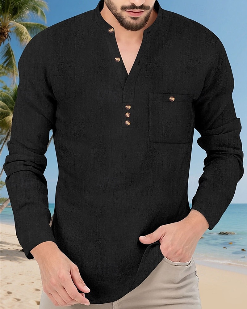Per uomo Camicia Camicia popover Camicia Estiva Camicia casual Camicia da Spiaggia Nero Bianco Giallo Blu marino Azzurro cielo Manica Lunga Semplice Colletto alla coreana Vacanza Camicia hawaiana del 2025 a $23.99 –P14