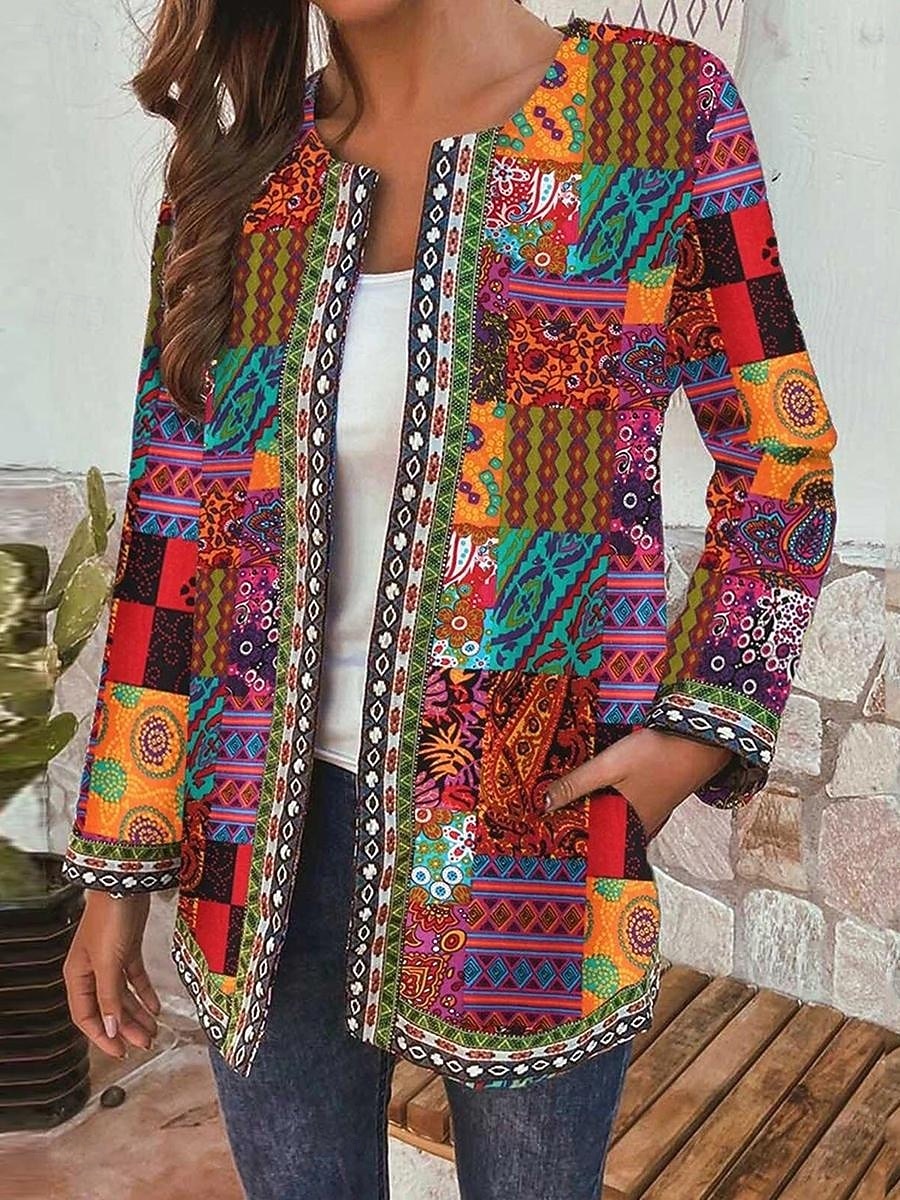 Geacă casual pentru femei, de zi cu zi, cu buzunar, cu imprimeu floral, călduroasă, la modă, croială regulată, îmbrăcăminte exterioară, mânecă lungă, primăvară, gri, verde 2025 - $31.99 –P3