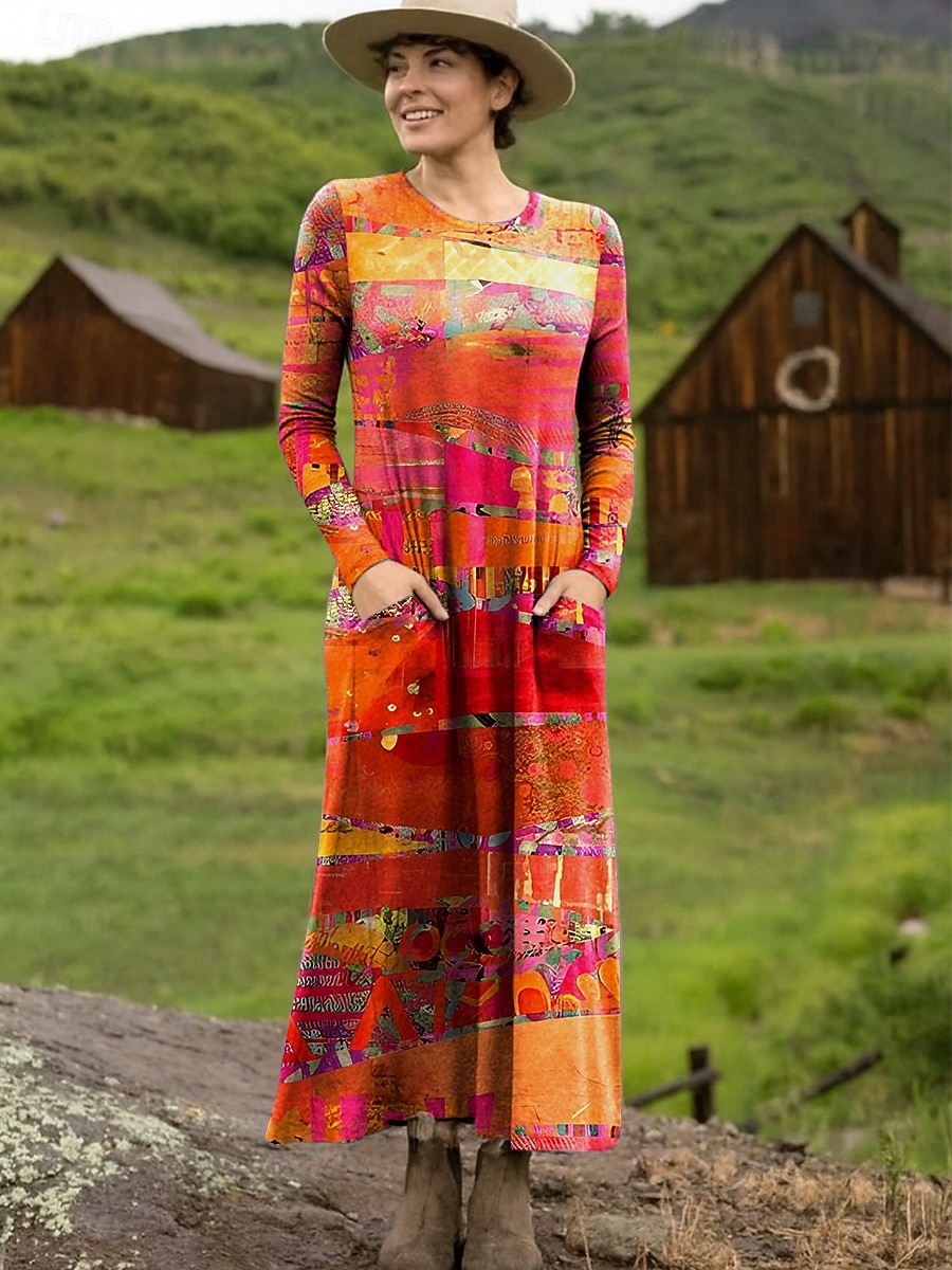 Damen Maxikleid T-Shirt-Kleid Lässig Täglich Ausgehen Normale Passform Grafik Geometrisch Langarm Rundhalsausschnitt Rote Leicht Braun Orange Braun Sommer Frühling Herbst 2025 - $31.99 –P5