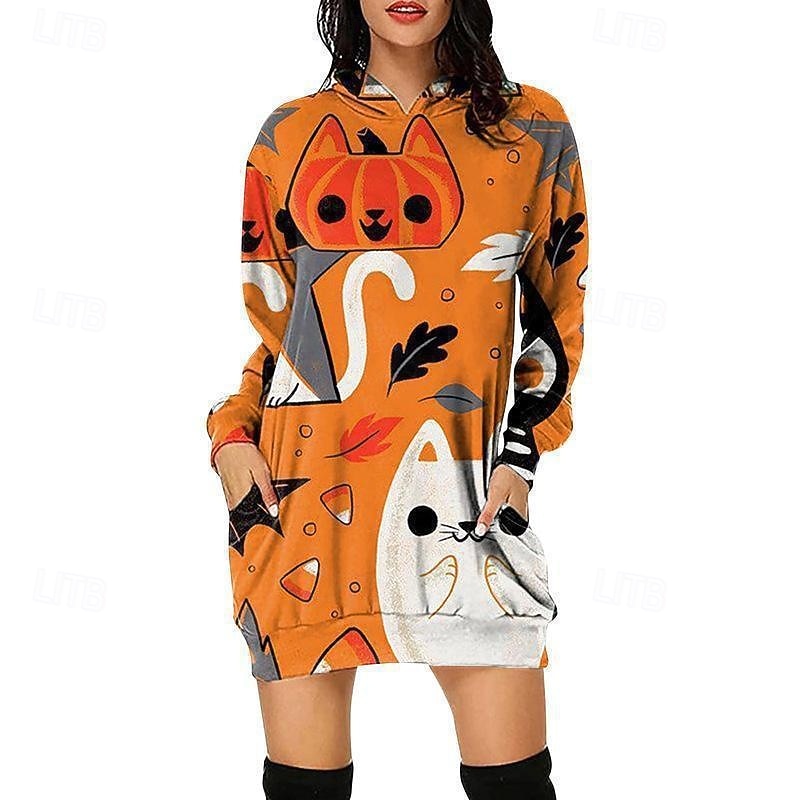 Femmes Mini Robe Robe à Capuche Robe Décontractée Mode Moderne Halloween Quotidien Week-end Coupe régulière Potiron manche longue À capuche Noir Blanche Jaune Rouge Printemps Automne de 2025 ? $19.99 –P5