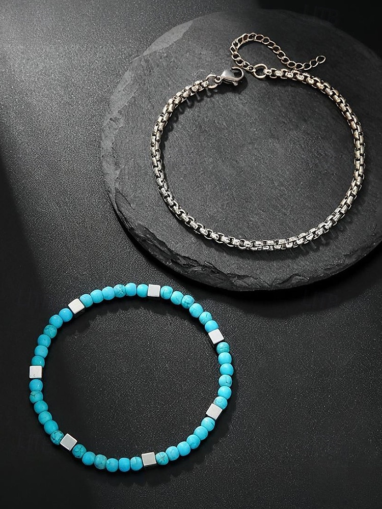 مجموعة أساور رجالية من الخرز الفيروزي والسلسلة الفضية - مجوهرات قابلة للتعديل على طراز شاطئ بوهو للملابس غير الرسمية والصيفية وملابس العطلات 2025 - $7.99 –P6