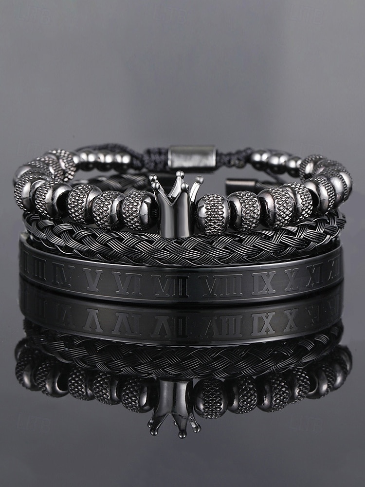 set di bracciali da uomo in acciaio inossidabile dorato: bracciale a 3 pezzi con corona di perline, polsino intrecciato e bracciale con numeri romani per abiti alla moda, feste e occasioni speciali del 2025 a $18.99 –P11