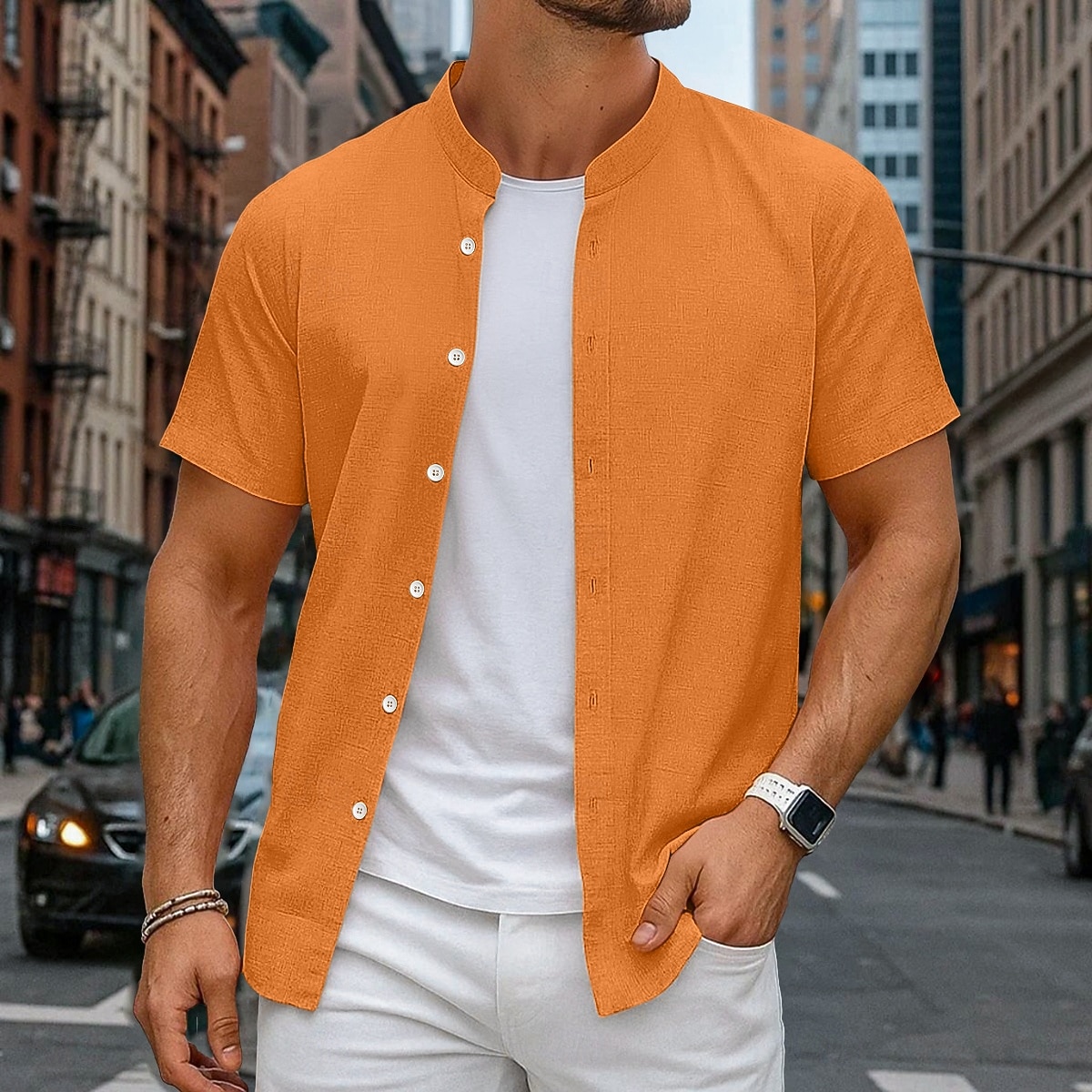 Per uomo Camicia Camicia di lino Camicia con colletto alla coreana Camicia Estiva Abbigliamento da spiaggia Camicia con Bottoni Semplice Vacanza Crociera Nero Bianco Arancione Grigio Manica Corta del 2025 a $20.99 –P1
