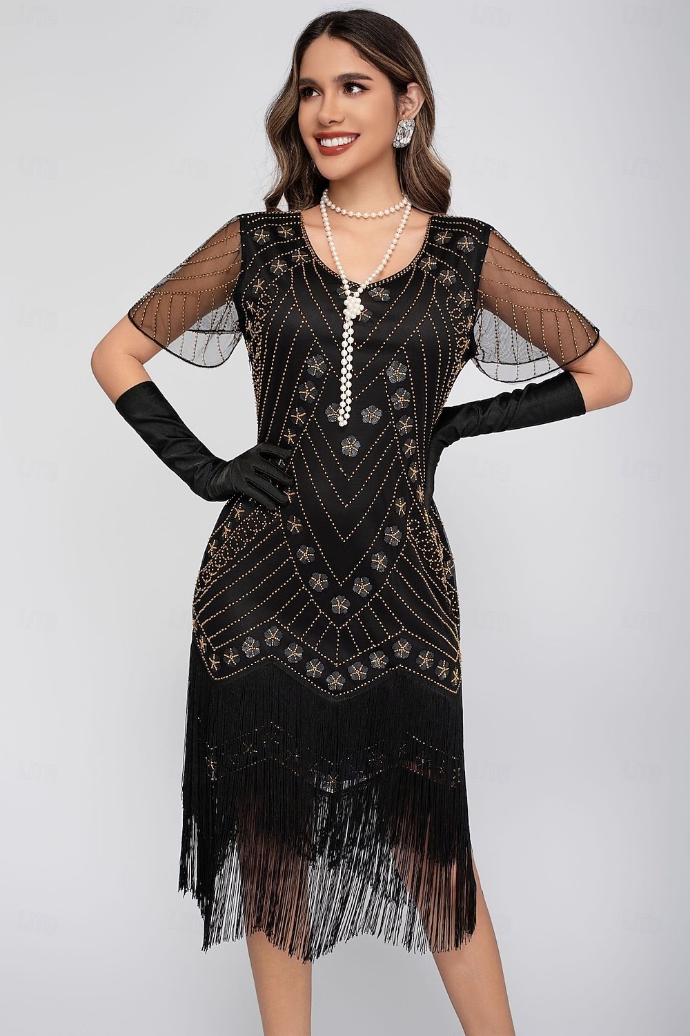 Rugido 20s 1920s Hasta la Rodilla Vestido Flapper Mangas cortas El gran Gatsby Chica de la aleta Lentejuelas Franja Funda Columna Escote en Pico Disfraz Mujer Navidad Carnaval Fiesta de Noche Boda 2026 - $46.99 –P11