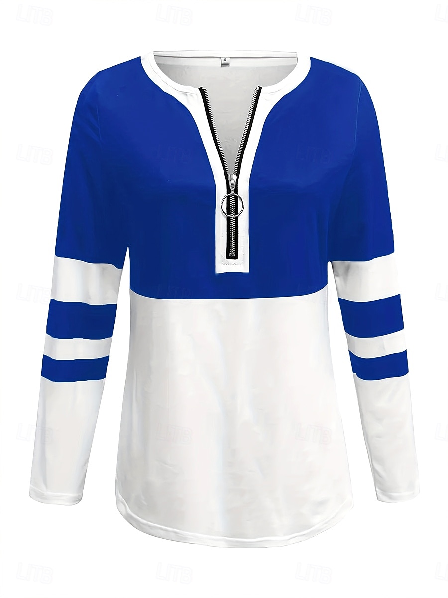 Women's T shirt Long Sleeve Graphic Color Block Striped Elegant Vintage Stylish Long Sleeve V Neck Regular Tops Daily Weekend Zipper Print Black Red Royal Blue Spring Fall Prefall 2025 - $23.99 –P7