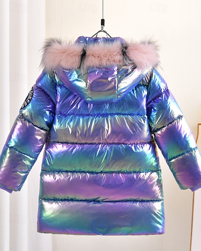 Kinder Mädchen Daunenmantel Einfarbig Mode Fellbesatz Schule Mantel Oberbekleidung 4-12 Jahre Winter Rosa Purpur 2025 - $40.99 –P2