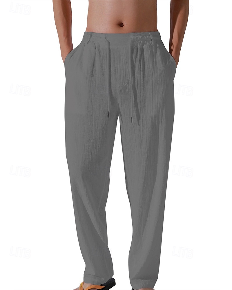 Herr Linne Byxor Långbyxor Sommarbyxor Strandbyxor Snörning Ficka Elastisk midja Slät Komfort Andningsfunktion Semester Dagligen Helgdag Hawaiisk Boho 다크 카키 Svart 2025 - $17.99 –P19