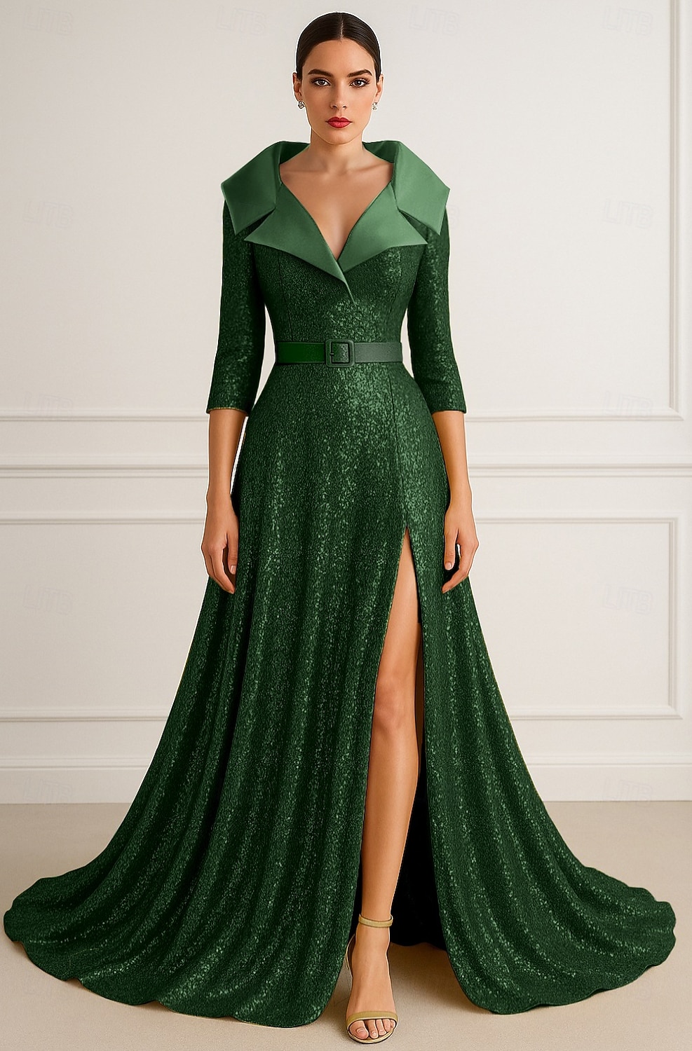A-Line Floor Length Evening Gown Ball Gown Formal Dress Elegant Glittering Silky Half Sleeve Lapel Formal Wedding Belt / Sash Sequined with Glitter Pleats 2025 - $144.99 –P1