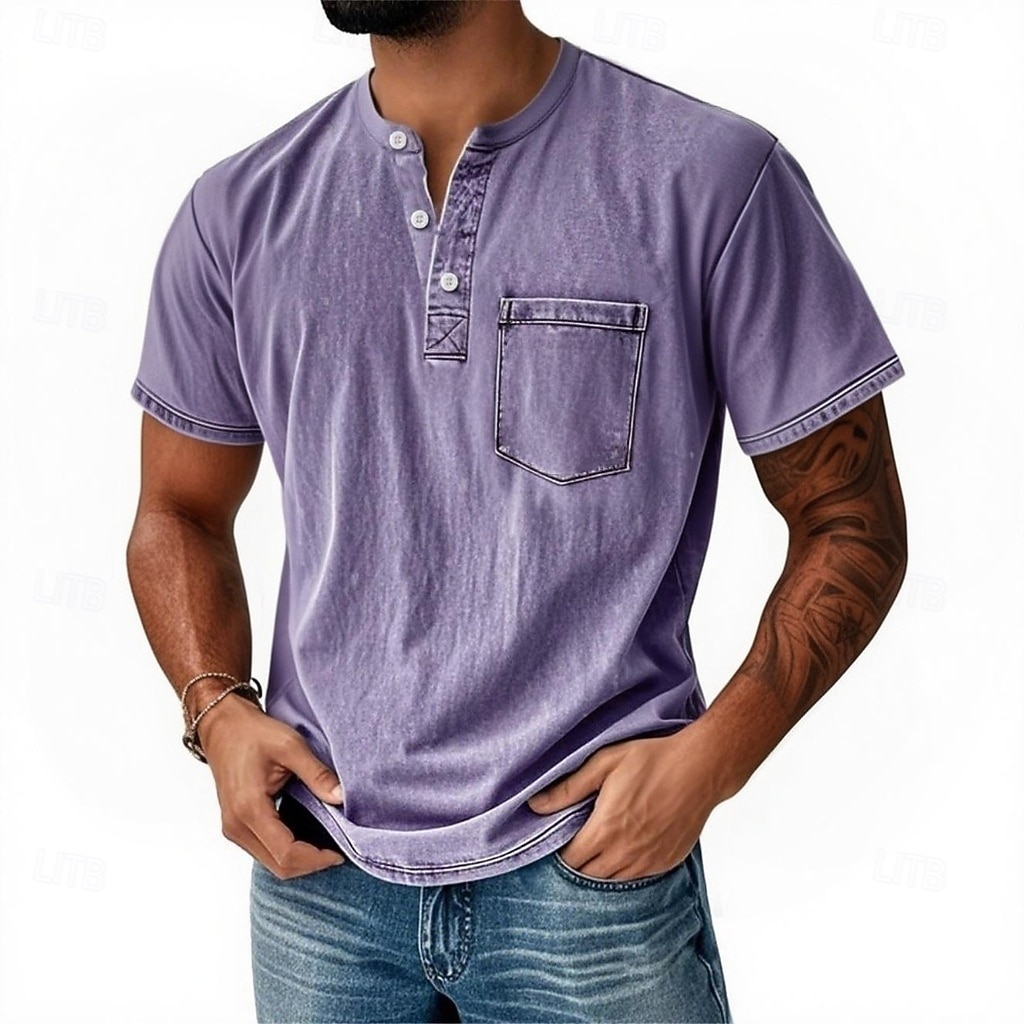 Pánské Tričko Henley Tričko Tričko Krátký rukáv Retro Na běžné nošení Ležérní Léto Jaro Podzim Černá Růžová Světle modrá Fialová Světle šedá Henley Tričko Henley 2025 - $27.99 –P1