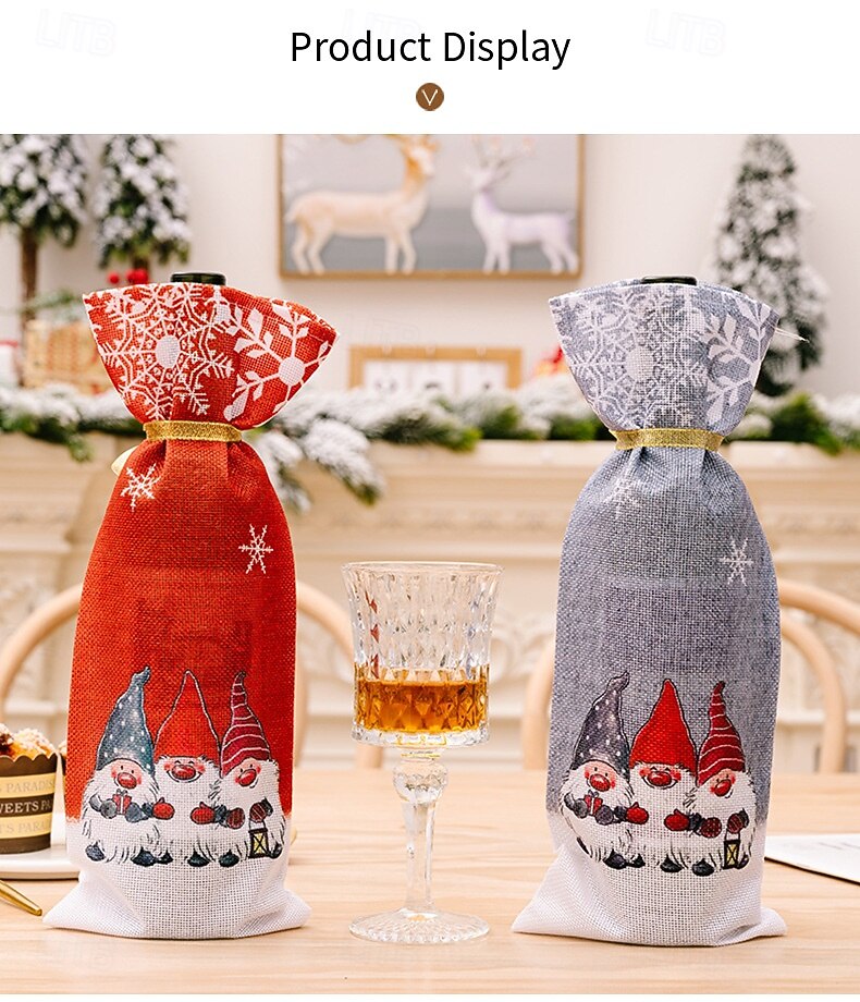 2 ks vánočních krytů na lahve vína s trpaslíky, sáčky na lahve vína s motivem sněhové vločky s motivem Rudolfa a lesního bezu, sváteční obaly na lahve vína 2025 - $6.49 –P9