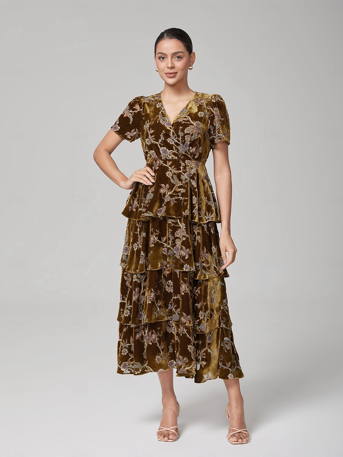 Kurzärmliges Stufenkleid aus Burnout-Samt 2025 - $131.99 –P1