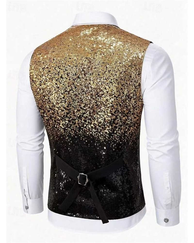 Herre سترة Veste Gilet Feriereise Fest Virksomhet Mote Fritid Vår Høst Lomme Knapper Paljetter Polyester Bekvem Fargeblokk Enkelt Brystet Enn-knapp V-hals Normal Gull Vest 2025 - $37.99 –P4