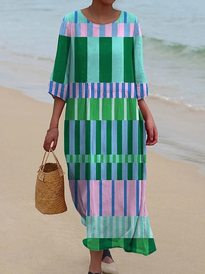 Dámské maxi šaty kaftan s 3/4 rukávy kulatým výstřihem volnočasové šaty A-linie boho denní sváteční vycházkové geometrické růžové zelené jaro podzim 2025 - $41.99 –P2