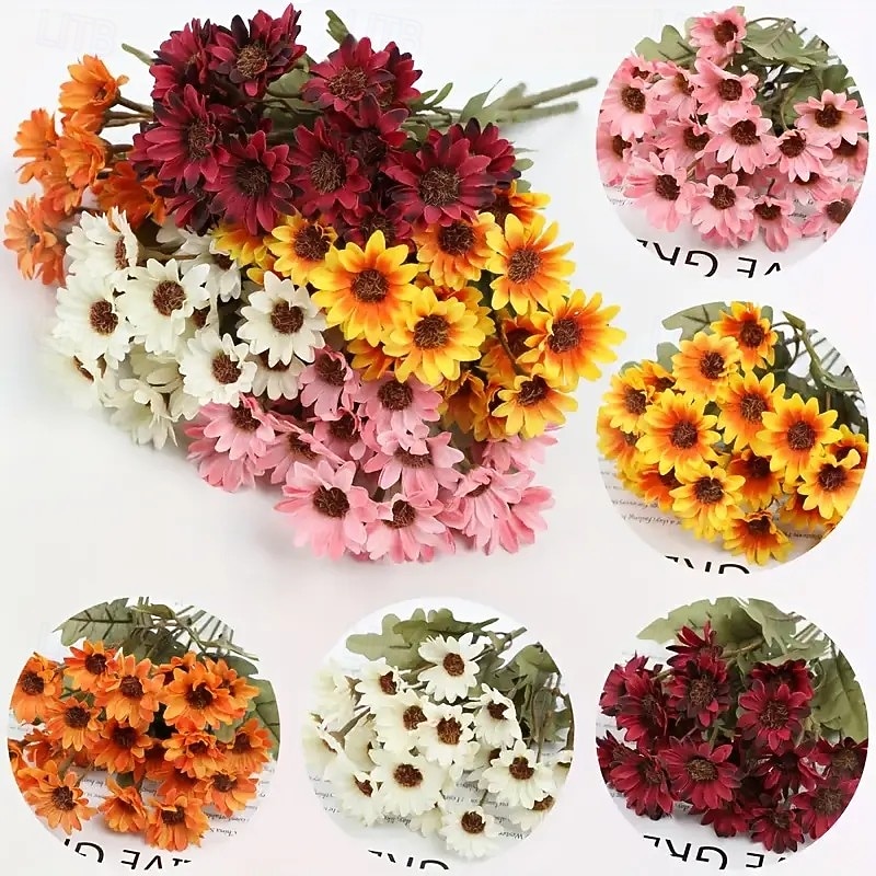 5 maços de flores artificiais de outono, crisântemos do pôr do sol, flores artificiais de outono para áreas externas com margaridas e eucalipto, plantas de floração plena, resistentes a raios UV, à de 2025 por $20.99 –P1
