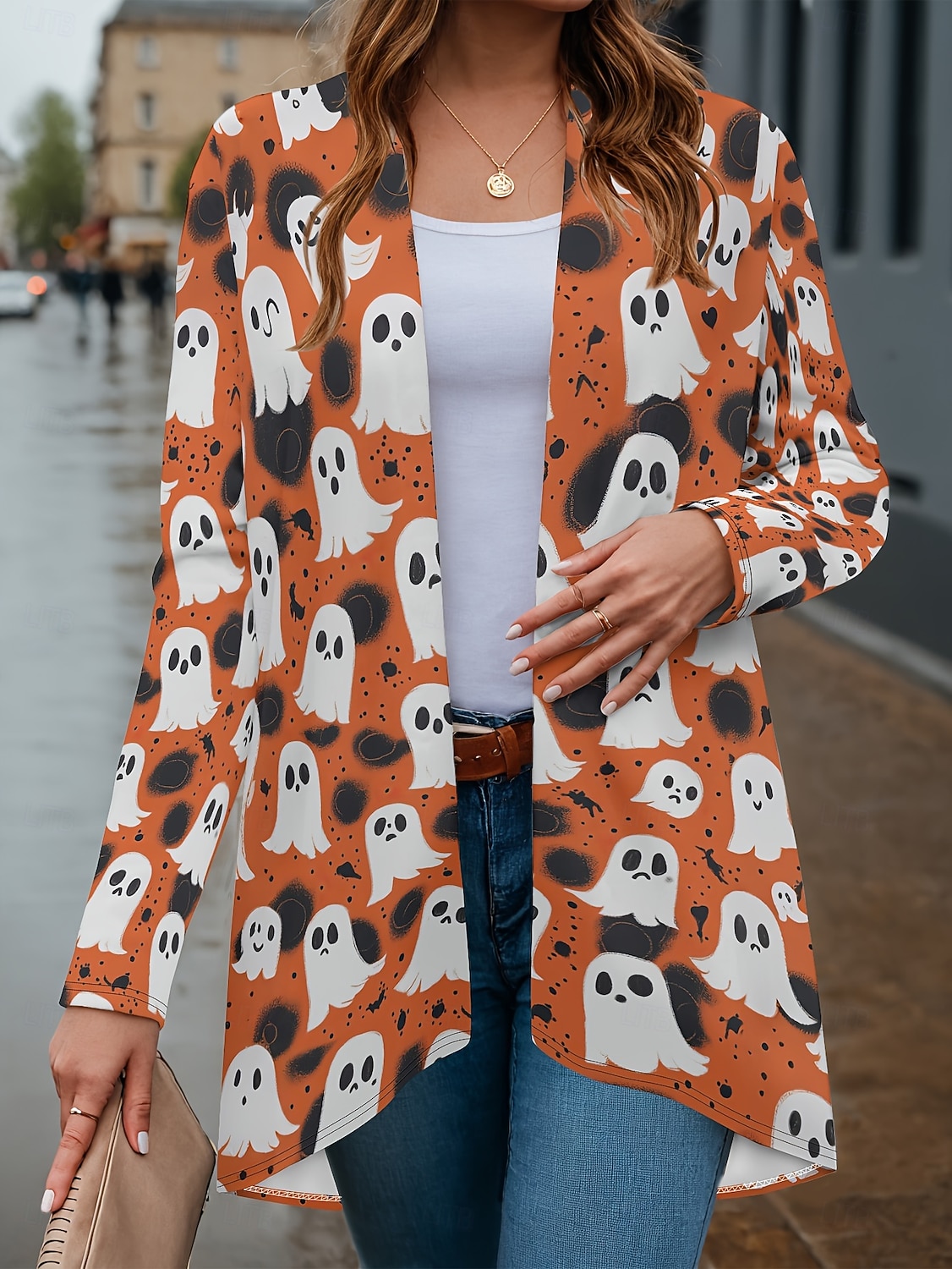 Pentru femei Palton Ușor Comfortabil Imprimeu Epocă Artistic Casual Halloween Dovleac Casual Lung Fără Guler Potrivire Largă Manșon Lung Îmbrăcăminte exterioară Negru Roz Îmbujorat Bleumarin 2025 - $23.99 –P8