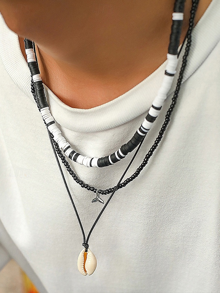 Мужской комплект из 3-х пляжных ожерелий: черные и белые бусины из смолы, подвеска из ракушек и цепочка из вощеной веревки — украшения в стиле серфера для лета, фестивалей и повседневных образов. 2026 - $11.99 –P1