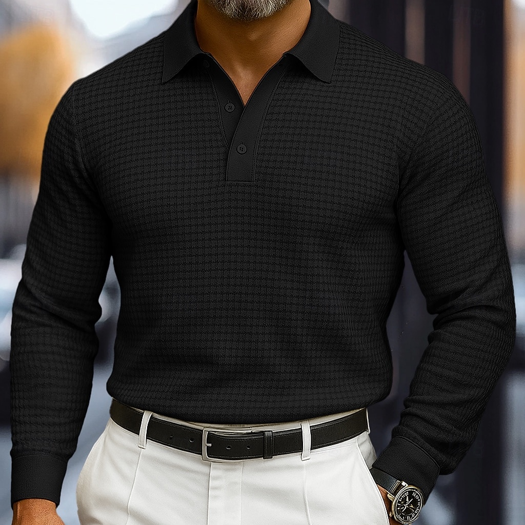 Per uomo Magliette Polo a Nido d'Ape Testurizzato Casuale Streetwear Bavero Manica Lunga Essenziale Moderno Semplice Testurizzato Bottoni Primavera Autunno Tutte le stagioni Vestibilità regolare Nero del 2026 a $18.99 –P8