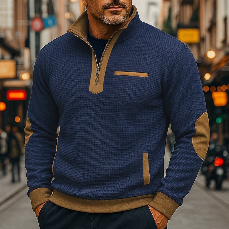 Hombre Sudadera Sudadera con estampado de gofres Sudadera Con Capucha Sudadera con un cuarto de cremallera Negro Azul Marino Cuello Mao Plano Retazos Bloque de Color Deporte Casual Diario Activo 2025 - $32.99 –P1