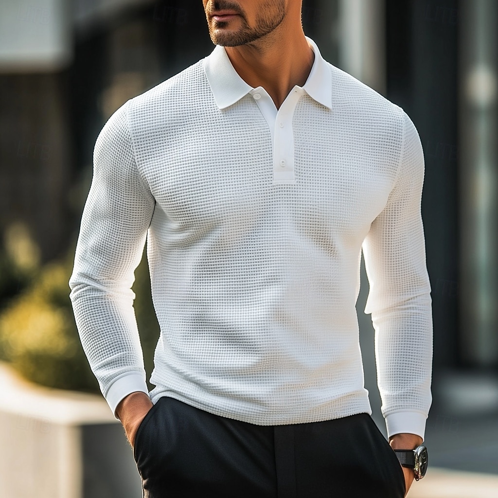 Herren Waffel-Poloshirts Golfshirt Straße Lässig Revers Langarm Basic Modern Einfach Texture Knöpfe Frühling Herbst Ganzjahres Normale Passform Weiß Schwarz Gelb Hellblau Burgunderrot Grau 2025 - $18.99 –P1