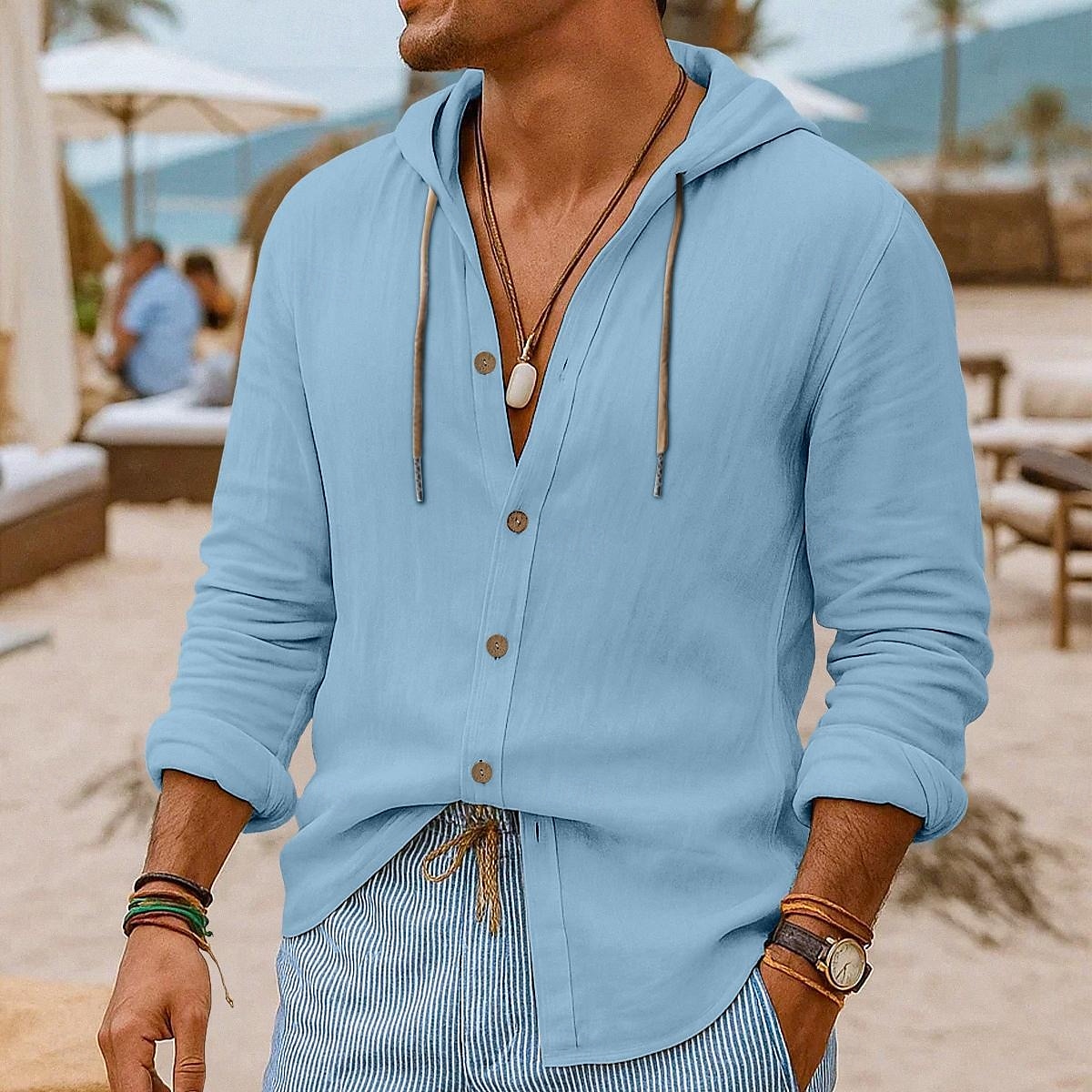 Herren Hemd Leinenhemd Strandbekleidung Knopfhemd Kapuzenhemd Einfach Urlaub Lässig Schwarz Weiß Blau Grün Langarm Mit Kapuze Sommer Frühling & Sommer Bekleidung Knöpfe 2025 - $25.99 –P7