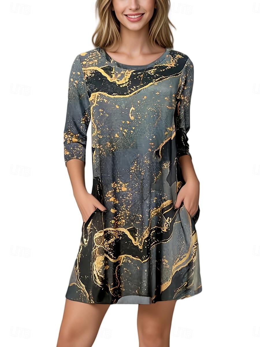 Halloween Femmes Mini Robe Robe trapèze Élégant Occasionnel Coupe Ample Imprimé Manche 3/4 Col ras du cou Jaune Bleu Bleu Poudré Bleu de minuit Été Printemps Automne de 2025 ? $22.99 –P2
